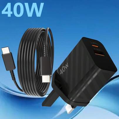 40W USB-C 墙式充电器，安卓插头，USB-C 双口快充适配器，配备 4.9 英尺 C 型至 C 型充电线，兼容 17/16/15、Galaxy、Pixel 9 Pro XL - 英国手机充电器，高输出功率，适用于家庭和办公室