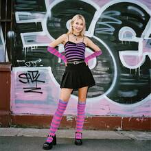 Tongcloud Women's Striped Knee High Socks, Over Knee Thigh High Socks, Arm Warmer And Fingerless Gloves SetHalloween Christmas New Year - 玫紅色和紫色 - 查看 3