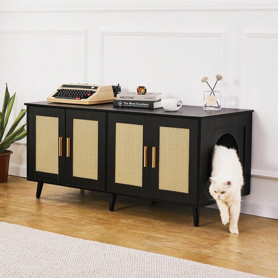 Caja de aren a para gatos de madera con 2 compartimentos ocultos, color negro - Negro - Ver 1