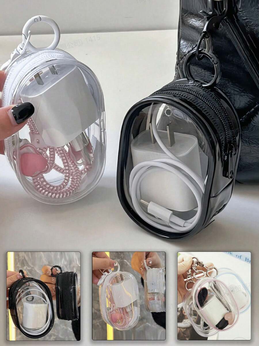 2pcs/1pc Portable PVC Transparent Mini Data Cable Organizer Bag, Dual Zipper Design, Suitable For Data Cables, Chargers, Earphones, Jewelry And Small Accessories, Hearing Aid Travel Pouch, Keys, Coins, Etc. Lightweight, Zipper Closure, Hand Washable - Perfect For Travel And Daily Carry.