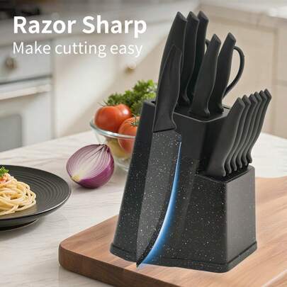 13-Piece Set Of Chef's Special Knife Set, Kitchen Knife Set, Knife Holder With Knife Sharpener, Bread, Chef's Knife, Etc., Japanese Carbon Steel Black Knife Set, Professional Handle Design, Light To Use, Easy And Comfortable To Hold For A Long Time, Suitable For Kitchen, Courtyard, Holiday Gifts, Halloween, Christmas Gifts