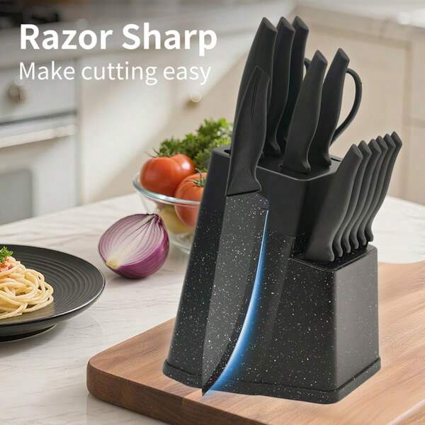 13-Piece Set Of Chef's Special Knife Set, Kitchen Knife Set, Knife Holder With Knife Sharpener, Bread, Chef's Knife, Etc., Japanese Carbon Steel Black Knife Set, Professional Handle Design, Light To Use, Easy And Comfortable To Hold For A Long Time, Suitable For Kitchen, Courtyard, Holiday Gifts, Halloween, Christmas Gifts