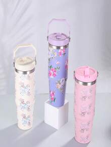 Copo Térmico Floral Genérico 900ml Inox Quente Frio - Azul bebê - Visão 6