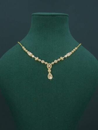 5pcs 18K Gold Plated Bridal Wedding Jewelry Set, Handcrafted With White Cubic Zirconia, Including Necklace, Bracelet, Earrings, Ring, Suitable For Daily Wear And Wedding Ceremony, Wedding Anniversary Gift