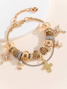 1pc Pan Family Style Golden Flower Beaded Adjustable Bracelet, Unique Design Jewelry For DIY - Multicolor - View 8