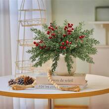 10/20Pcs Christmas Artificial Pine Branches With Red Berry Stems Faux Evergreen Norfolk Pine Cypress Leaves Stems- Fake Foliage Pine Needles Picks For DIY Craft Garland Home Decor.Artificial Holly Berries, Mini Fake Berries Decor Garlands, Home Vase Dining Table Holiday Patio Fireplace Decor Wedding Garden Farmhouse Table Mantel Decor, Artificial Flowers For Outdoors - Multicolor - View 6