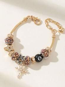 1pc Floral, Cross, Angel, Golden Leopard Print, 8mm Bead, Adjustable Bracelet, Suitable For Christmas, Valentine's Day, Gift For Friends