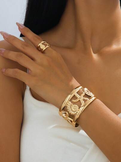 2pcs Fashionable Starfish & Seashell Bracelet & Ring Set, Suitable For Women Party And Daily Wear