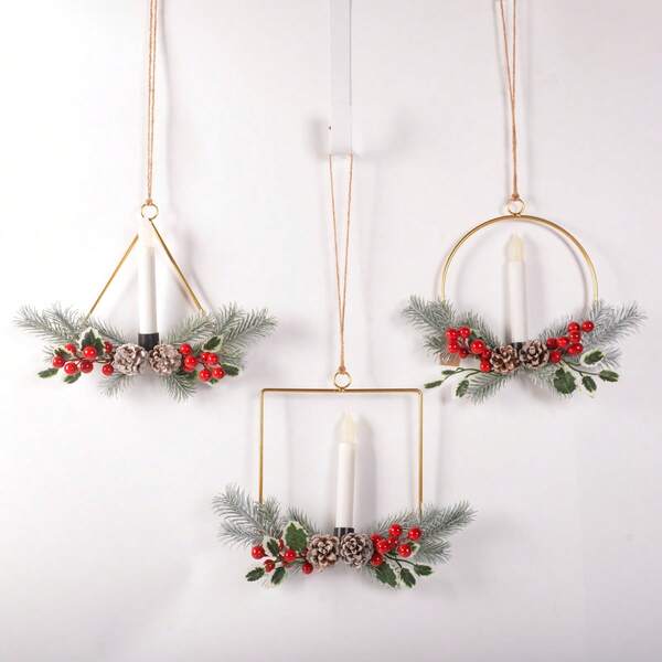 Guirlanda de Natal Floral (1 unidade), Enfeite de Parede Geométrico de Metal, Guirlanda de Natal com Agulhas de Pinheiro e Frutos Artificiais para Porta de Entrada, Janela e Parede (Vela Não Inclusa) Decoração de Natal para Casa Decoração de Ambientes Decoração de Inverno