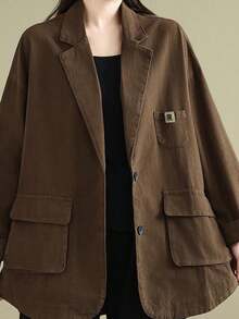 Women's Plus Size Fall Retro Oversized Blazer - European-Style Utility Jacket, Loose Fit & Figure-Flattering, Casual Fashion Outerwear