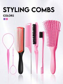 مجموعة من 2/3/5/6/11 فرشاة وامشط فك التشابك، فرشاة نايلون وثنائية الصفوف للتصفيف، مجموعة امشاط لتمشيط الخصل والحواف والخلف، مجموعة فرشاة الشعر المجعد مع رشاش، فرشاة تدليك فروة الرأس وفرشاة الشامبو، مشط واسع الأسنان الفاخر، مشبك شعر بشكل زهرة، مجموعة فرشاة لتصفيف الشعر (وردي ، بنفسجي ، أسود) - الأسود - مشاهدة 16