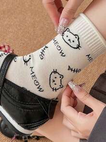 5 Pairs Women's Cartoon Animal & Letter Pattern Comfortable Rolled Cuff Crew Socks, Breathable Mid-Calf Socks - Multicolor - View 7