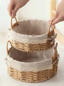 1pc Woven Pattern Desktop Storage Basket With Handles For Home Organization, Multi-Purpose Storage Solution For Makeup, Remote Control, Keys And Miscellaneous Items, Bohemian Rope Plant Pot Basket For Living Room, Bedroom And Office Decor - Apricot - View 4