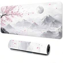 Mousepad extra grande com estampa de montanha nevada e flor de cerejeira, lavável, base de borracha antiderrapante, borda costurada, ideal para presentear, protetor de mesa, apoio para estudos, diversos tamanhos disponíveis, apoio para teclado de computador, apoio para laptop, acessório de escritório, material de escritório