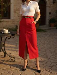 Midi Skirt With Belt High Waist Slit - Red - View 2