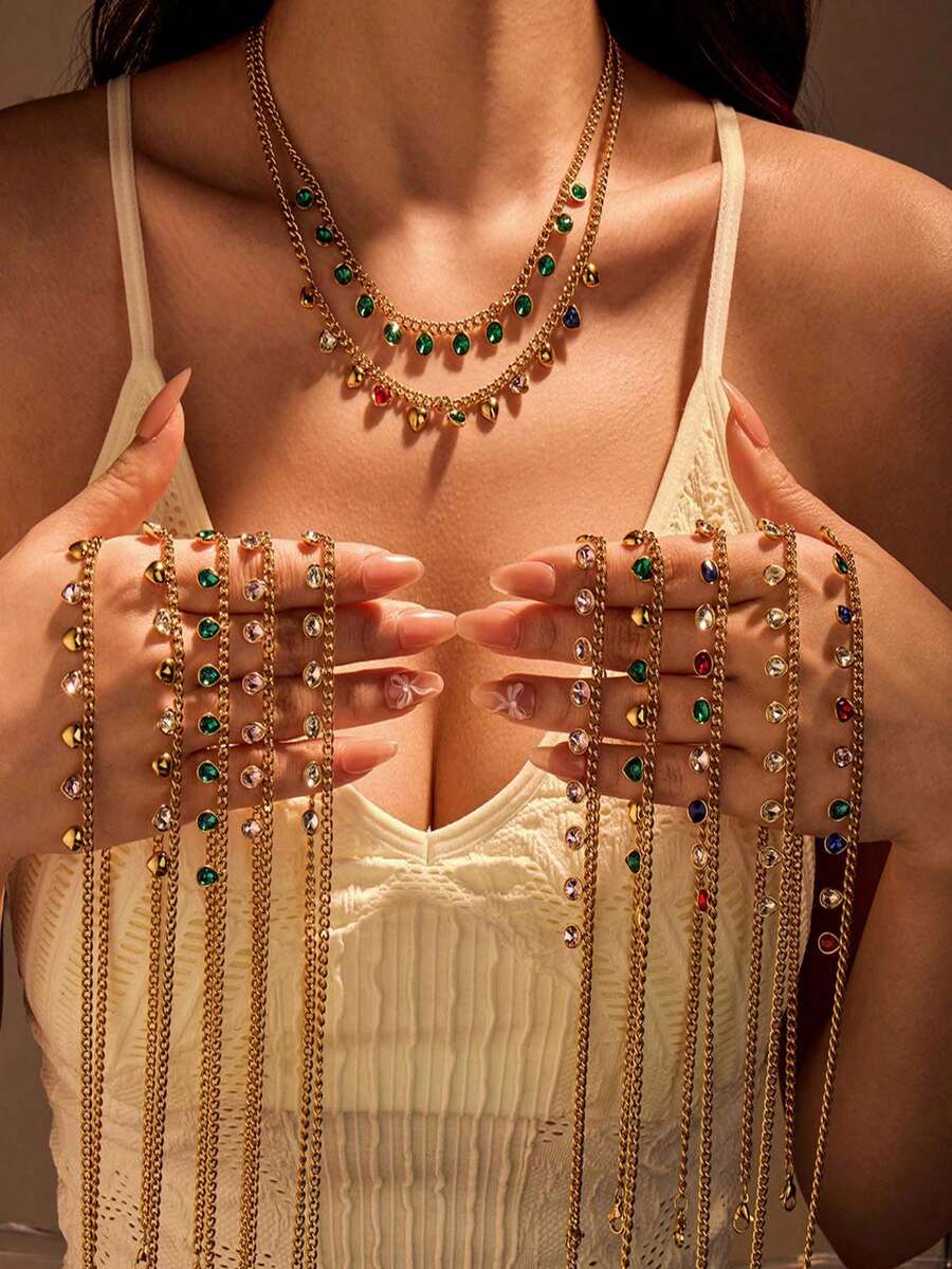 1 Peça Colar de Borla com Zircônia em Gota de Água Luxuoso para Mulheres e Meninas, Colar Gargantilha Feminino com Pingente em Forma de Lágrima, Borboleta e Coração, Banhado a Ouro 18k, Aço Inoxidável, Presente de Joias - 1 - Visão 1