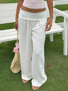 Women Cotton Linen Summer Palazzo Pants Wide Leg Lounge Pants Loose Straight Leg Solid Color Fold Over Low Rise Pants Casual Boho Beach Vacation Trousers Streetwear - 白色 - 查看 3