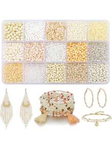 beadia Mix 15 Color Glass Seed Beads Tube Beads Glass Bugle Beads Loose Kit For Jewelry Making DIY Craft Beading (Beige) - Màu be - Xem 2