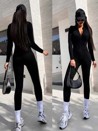 休闲时尚前拉链修身连体裤，凸显曲线，秋冬新款，女士连体裤