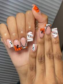 Halloween 24Pcs Short Square Grimace, Spider Webs And Pumpkin Pattern Design French Tip Press On Nails Fit Perfectly Design Acrylic False Nails Set, Halloween Nails For Ladies For Daily Wear And Holidays Nail Supplies Nails - Multicolor - View 2