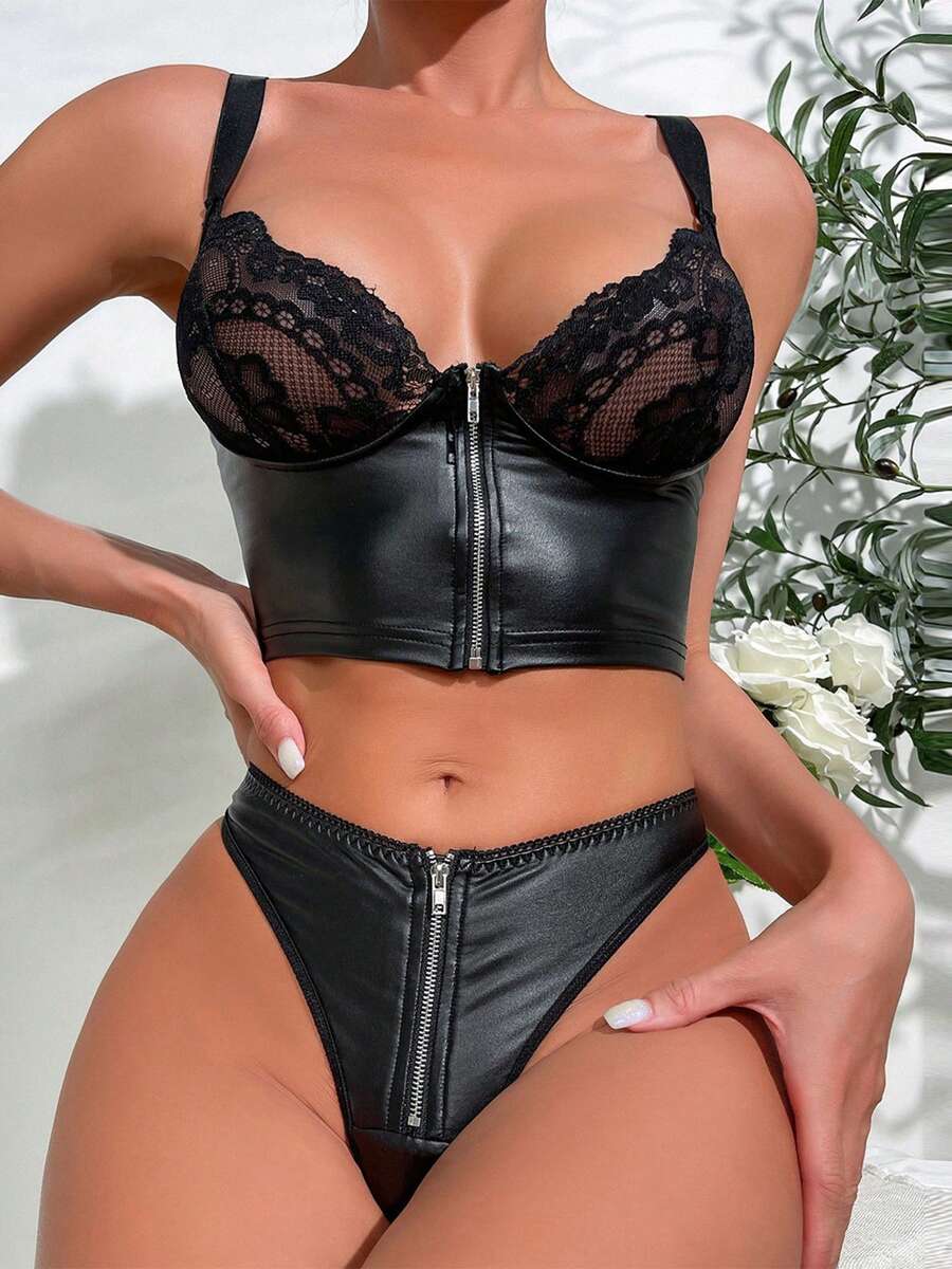 Women's Black Leather Lingerie Outfits Lace Patchwork Zip Bra + Low Waist Thong Babydoll Sleepwear - màu đen - Xem 1