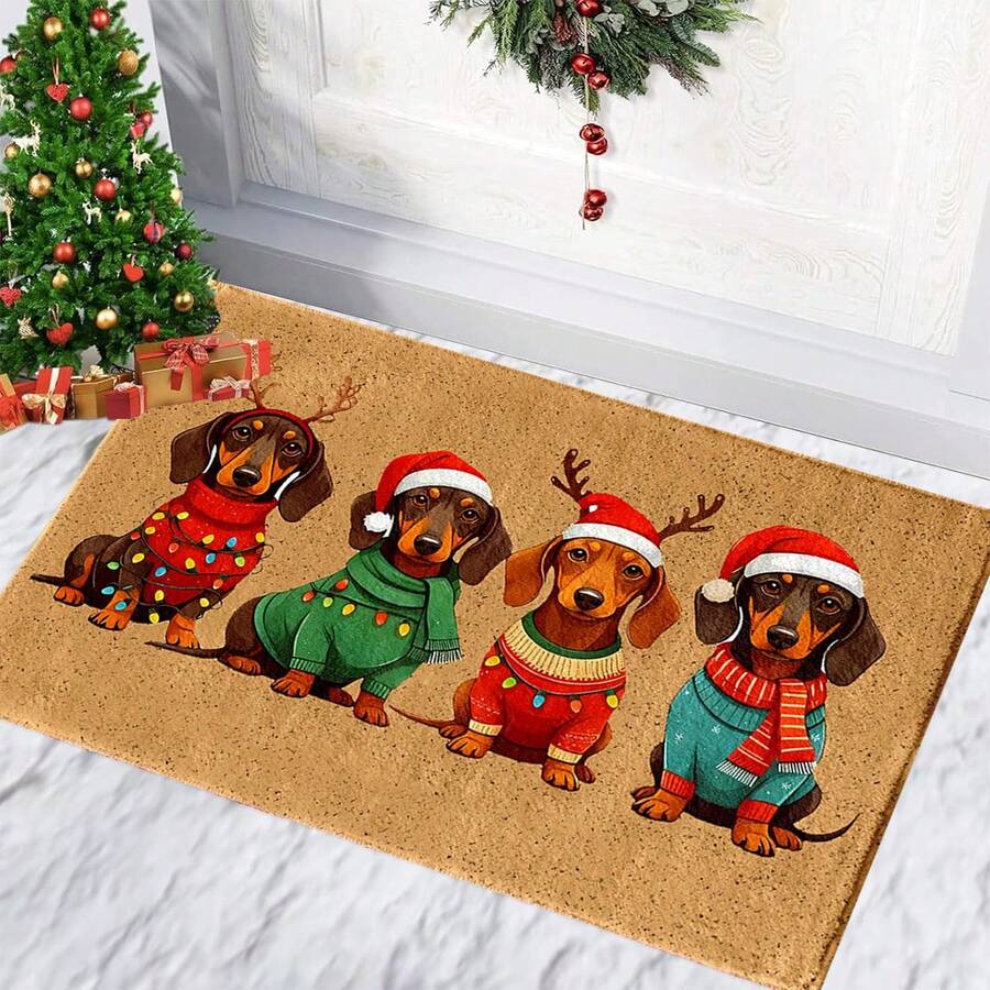 1pc Christmas Pet Pattern Printed Floor Mat, Christmas Dog Imitation Wool Carpet, Strong Water Absorption, Easy To Clean, Suitable For Home Decoration, Farmhouse, Porch, Indoor, Room Decoration, Kitchen, Restaurant, Small Office/Home Office, Sink, Laundry Room, Floor Mat, Kitchen Mat, Non-Slip Mat.