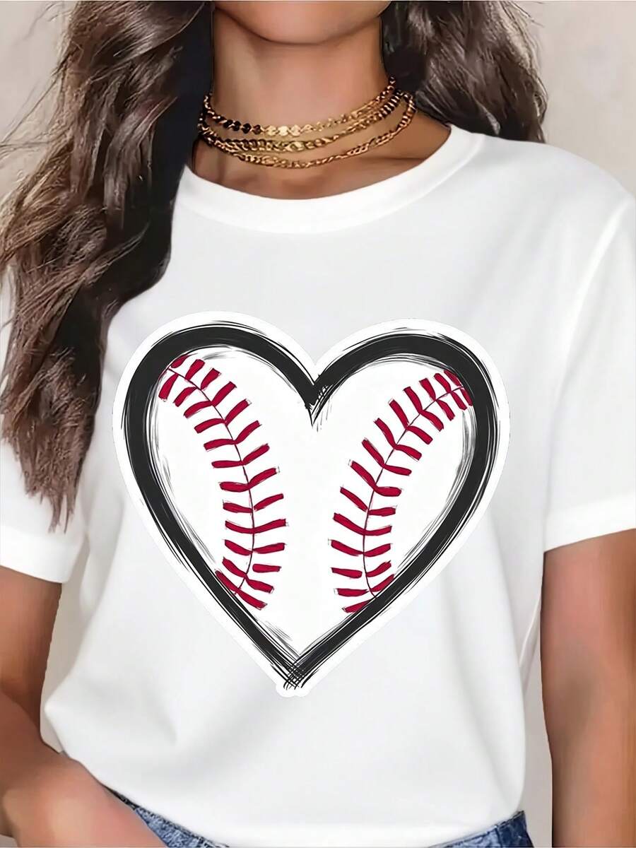 Baseball Heart Women's T-Shirt Baseball Design Graphic Tee For Sports Fans Softball Lovers Gift Ideas - White - View 1