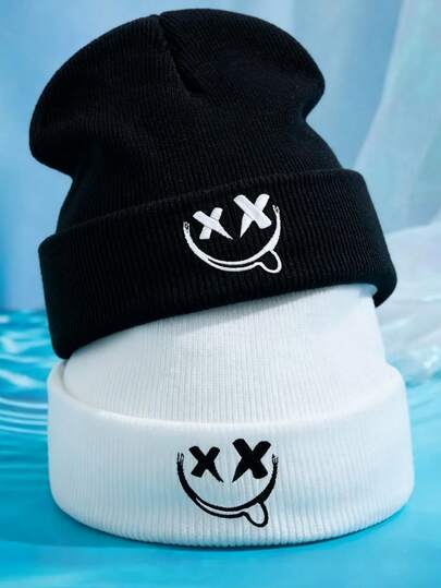 1顶/2顶腈纶刺绣针织帽，男女通用，适合秋冬季户外休闲穿着，男士冬季服装