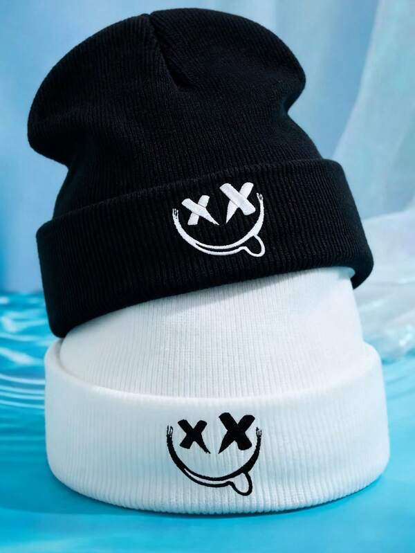 1pc/2pcs Acrylic Embroidered Beanie Hats, Unisex Knit Cap For Autumn/Winter Outdoor Casual Wear Men's Winter Clothing