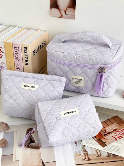 1件/套 米色绗缝化妆包，质地柔软，复古大容量化妆包和旅行收纳手提包，简约舒适泡沫洗漱大套装，轻便蓬松化妆包，家居装饰，新学期、春季/初夏、周年纪念、假期、旅行、返校季的精致礼物，化妆箱，2025年新款。