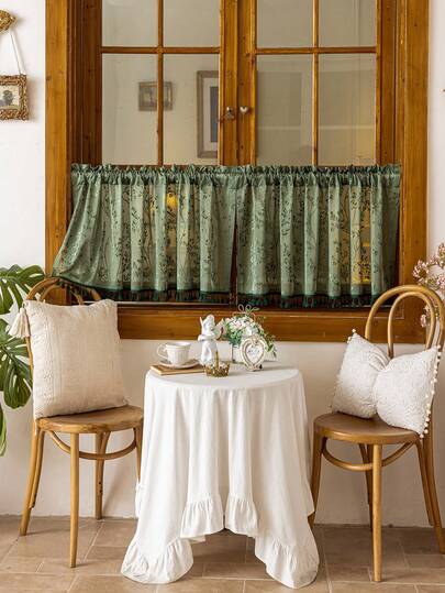 1 Stück beige karierter kleiner Vorhang, japanischer Stil Café Vorhang mit Quastenbesatz, Gardinenschiene Küchen Vorhang, Wohnzimmer Schlafzimmer Fenster Dekoration, Schrank Abdeckung Vorhang, Heimdekoration