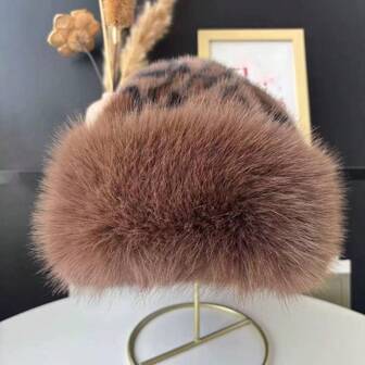 1pc Leopard Print Warm Plush Hat, Vintage Thick Ear Protection Fisherman Hat, Cute Fluffy Warm Hat For Autumn/Winter