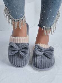 1 Paio di Pantofole Chiuse da Donna, Decorazione con Fiocco, Suola in EVA, Comoda per Uso Casual Interno, Chiuse Grigie, Calde e Confortevoli per Autunno/Inverno - Grigio - Visualizzare 9