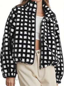 Sherpa Checkered Jacket For Women Plaid Zip Up Fleece Jacket With Pockets Winter Fall Fuzzy Cropped Coats - Black - View 1