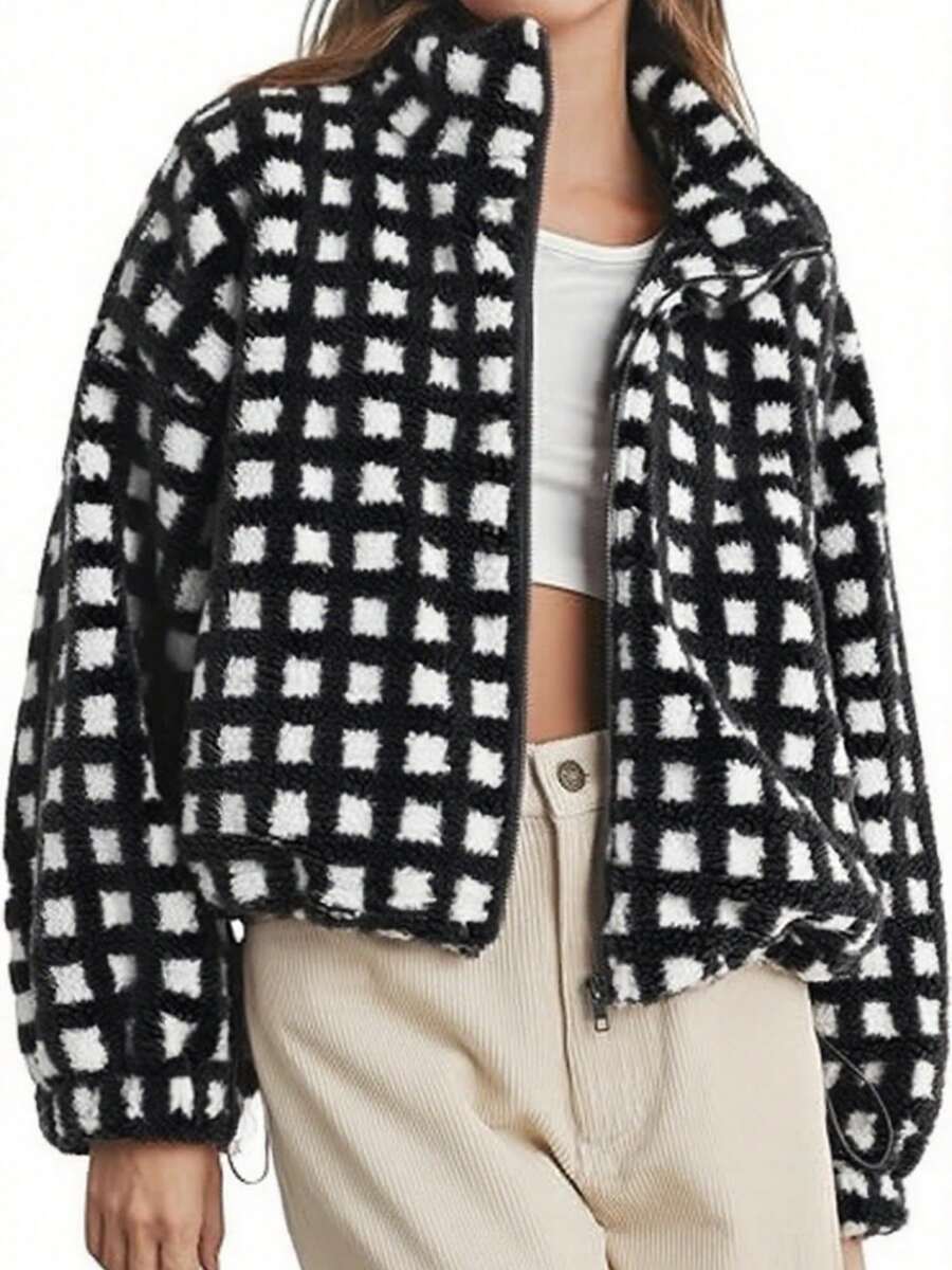 Sherpa Checkered Jacket For Women Plaid Zip Up Fleece Jacket With Pockets Winter Fall Fuzzy Cropped Coats - Black - View 1