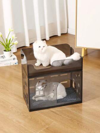 1 pezzo Cuccia per gatti trasparente, stile capsula spaziale, casa di osservazione per gatti trasparente, 1 camera da letto 1 soggiorno, ampio spazio, anti-groviglio, facile da pulire, semi-chiusa e traspirante, adatta per tutte le stagioni, resistente ai graffi