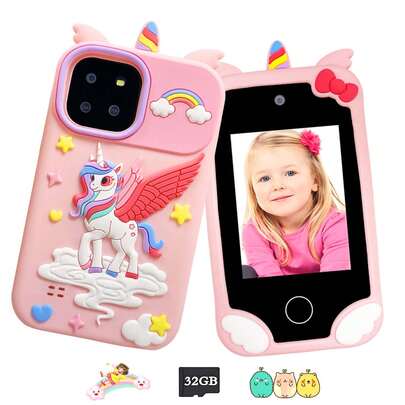 2025 New 2.8 Inch Kids Unicorn Touchscreen Smartphone Toy, 32GB Built-In Storage Card, Fun Educational Games, MP3 Player, Soft Silicone Material, Ideal Christmas & Birthday Gift For 3-12 Years Old Boys & Girls
