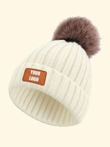 Personalized Kids Knitted Beanie Hat With Single Pom Pom, Multi-Color Options, Leather Label For Engraving, Suitable For Older Children, Winter Outings, Family Gatherings, Etc.