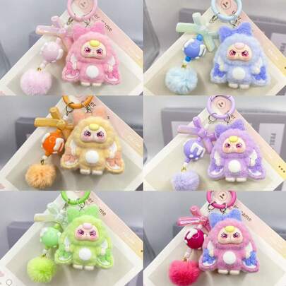 Llaveros unisex con diseño de chica mariposa de dibujos animados y multicolor (rosa, azul, amarillo, morado, verde, rosa) con pompones esponjosos y detalles decorativos de cuentas, material de peluche y plástico, decorativos y funcionales, estilo kawaii Y2K para decoración de bolsos, organización de llaves, uso diario y regalo para entusiastas de los dibujos animados en Navidad