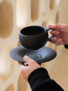 1pc Matte Ceramic Coffee Cup & Saucer Set, Elegant Luxury Tableware For Home, Office, Afternoon Tea, Suitable For Bedroom, Living Room, Dining Room, Great Gift & Party Supplies - Black - View 11