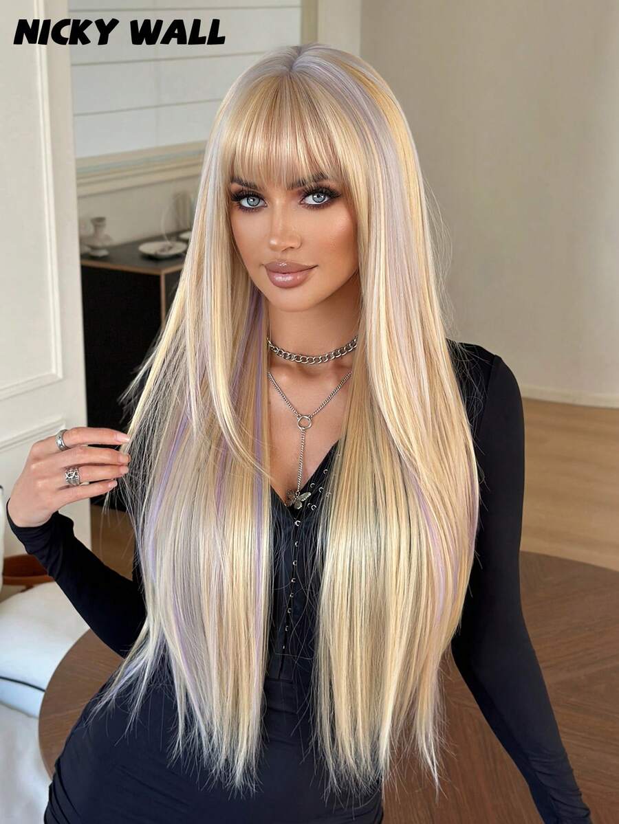 NICKY WALL 32Inch Extra Long Straight Layered Blonden Highlights Wigs For Women Elegant Nature Looking Wigs With Full Bangs,High Density Fluffy Synthetic Heat Resistant Fiber Hair,For Beginners Glueless Daliy Party Use - 漸變金色 - 查看 1