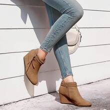 Womens Wedge Ankle Boots Braided Fringe Strap Western Heeled Fall Booties Dress Shoes - 2-棕色(仿麂皮) - 查看 5