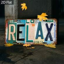 2D平面复古金属墙饰“RELAX” - 乡村工业风装饰，做旧彩色车牌设计，适用于农舍、花园、车库入口 - 无需用电，户外金属装饰，花园标牌，车牌风格金属工艺品，车库装饰，农舍风格爱好者，预钻孔，孔型随机 - 彩色 - 查看 4