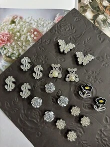 18pcs Detachable DIY Decoration Set, Including Sequin Silver Bears, Silver Butterflies, Dollar Bills, Flowers, Rose Shoe Charms, Suitable For Perforated Shoes, Garden Shoes, Sandals, Clogs, Slippers, All Seasons, Great Holiday Gift