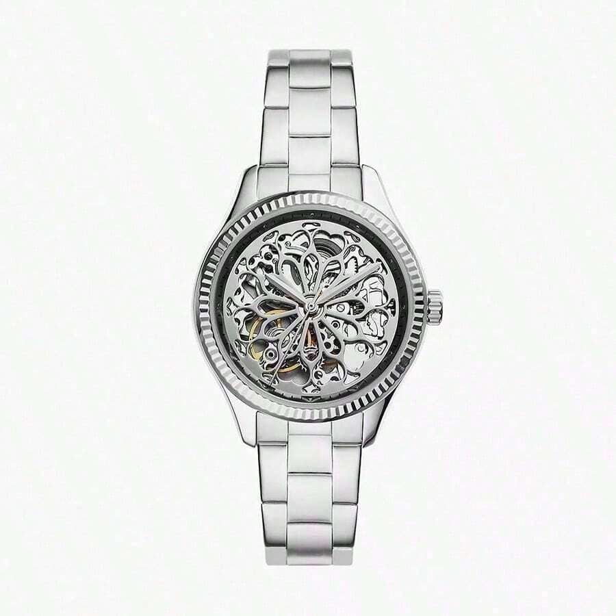 Fossil Rye Automatic Mechanical Stainless Steel Watch For Women Hollow Pattern Dial, Silver, Stainless Steel Strap, Elegant And Fashionable Style, Suitable For Daily Life, Dating Various Holidays, And Watch Gifts.BQ3753