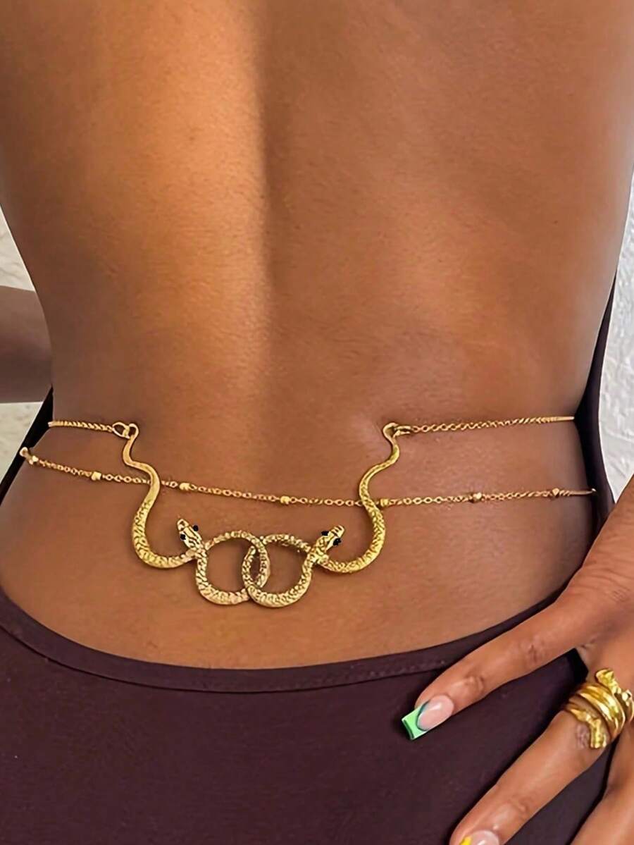 2pcs Fashionable Unique Gold Double Snake Waist Chain, Sexy Versatile Beach Body Chain Bikini Accessory, Suitable For Various Occasions, Great Gift - Gold - View 1
