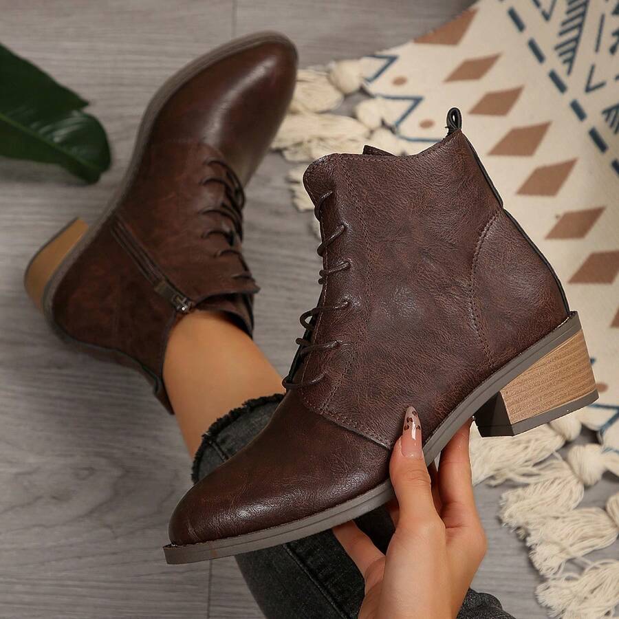 Botas femininas de cano curto, novas botas marrons de outono/inverno, botas de sola grossa, zíper e cadarço, botas estilo britânico, botas da moda para mulheres