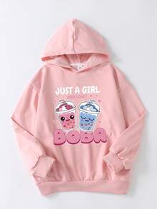 Tween Girls Street Fashion Bubble Tea Pattern Print Oversized Loose Long-Sleeved Sweatshirt, Interesting Painting Style Patterns, Girl's Solid Color Hooded Sweatshirt, Suitable For Daily Wear, Party, School, Attending Music Festivals, Vacation, Commuting. Can Be Given As A Gift To Family, Boyfriend, Girlfriend, Friends, Girls Winter Clothes, Essentials Sweatshirt - Pink - View 2