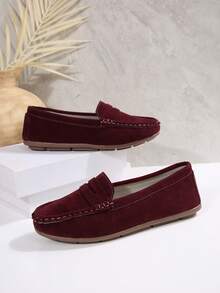 Women's Wide Width Flat Loafers, Burgundy, Handmade Stitching, Fashion & Comfortable, Lightweight, Suitable For Home, Outdoor, Travel, Vacation, Casual - Burgundy - View 5