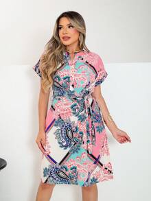 Dress In All-Over Leaf Print Fabric With Belt, Button At The Front, Party Wedding Spring Summer - 淺粉色 - 查看 8